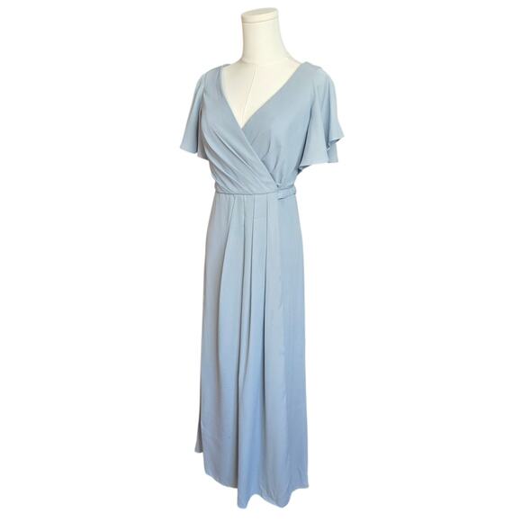 DAVID'S BRIDAL Dusty Blue Maxi Wrap Pleated Dress - Picture 1 of 9